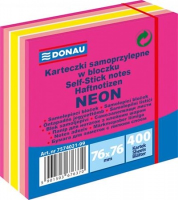 Samolepiaci poznámkový blok, 76x76 mm, 400 listov, DONAU, neónovo-pastelový mix, odtiene ružovej