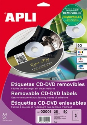 Etikety, na CD/DVD, A4, matné, odstrániteľné, APLI