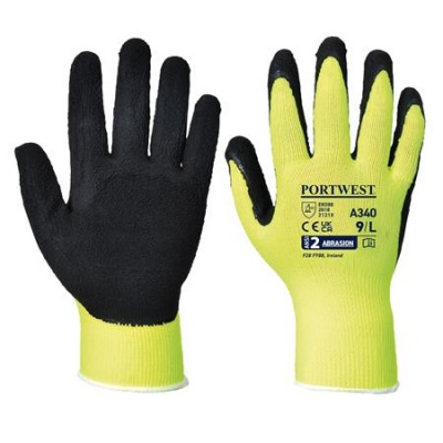 Ochranné rukavice, nylonové, latexová pena, máčaná dlaň, veľ. M, "Hi-Vis Grip", žltá