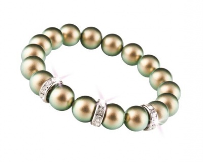 Náramok, zo zelených SWAROVSKI® perál, s bielym rondella krištáľom, 10 mm, veľ. M, ART CRYSTELLA® 